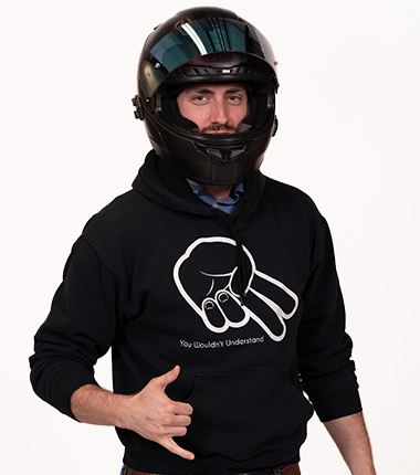 Matthew Robinson in motorcycle gear
