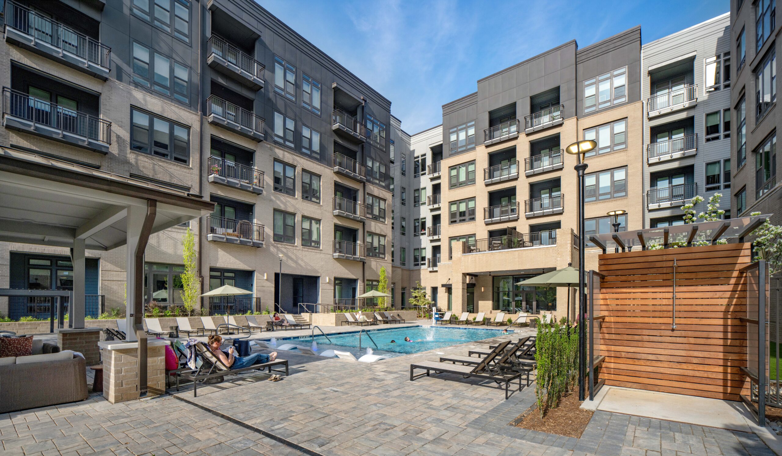 Meridian East Chatham pool courtyard view with massings
